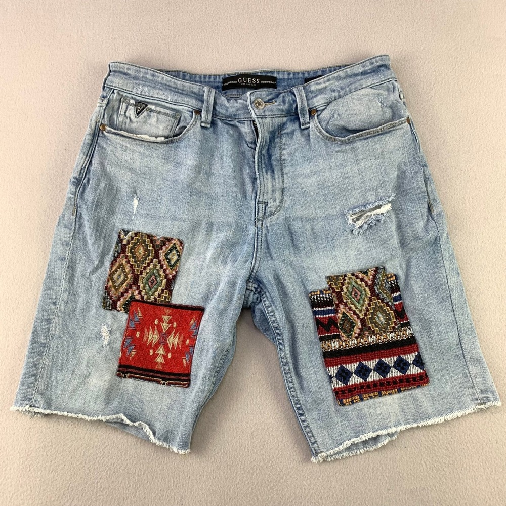 Guess Patchwork Jean Shorts Mens 34 Blue Denim Distressed Tribal Cut Off Jorts